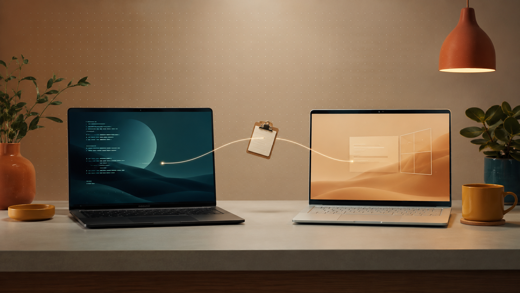 Dos portátiles sobre una mesa de despacho cálida, uno con pantalla Linux/Wayland en tonos teal y otro con pantalla Windows en tonos cálidos; entre ambos, un portapapeles flota conectado por un hilo luminoso