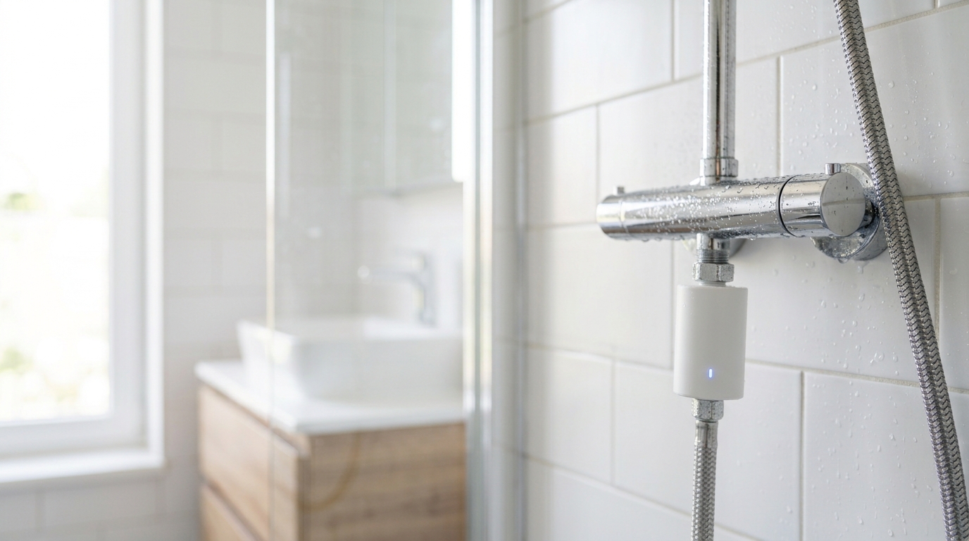 Módulo sensor blanco enroscado directamente en la salida del grifo termostático de una ducha, con la manguera colgando por debajo